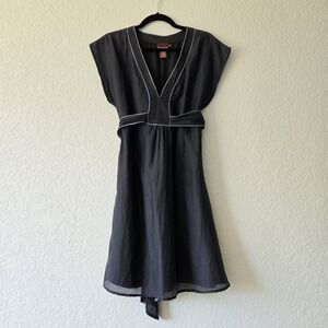 Karanina Black Silk Cotton Empire‎ Waist V-Neck Tie Back Dress Size 4